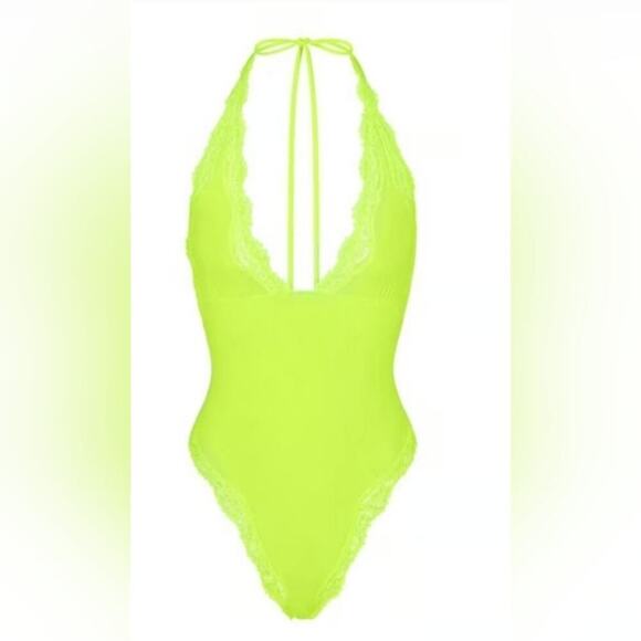 SKIMS Summer Mesh Lace Plunge Bodysuit Highlighter Green XXS NWT - Picture 2 of 7